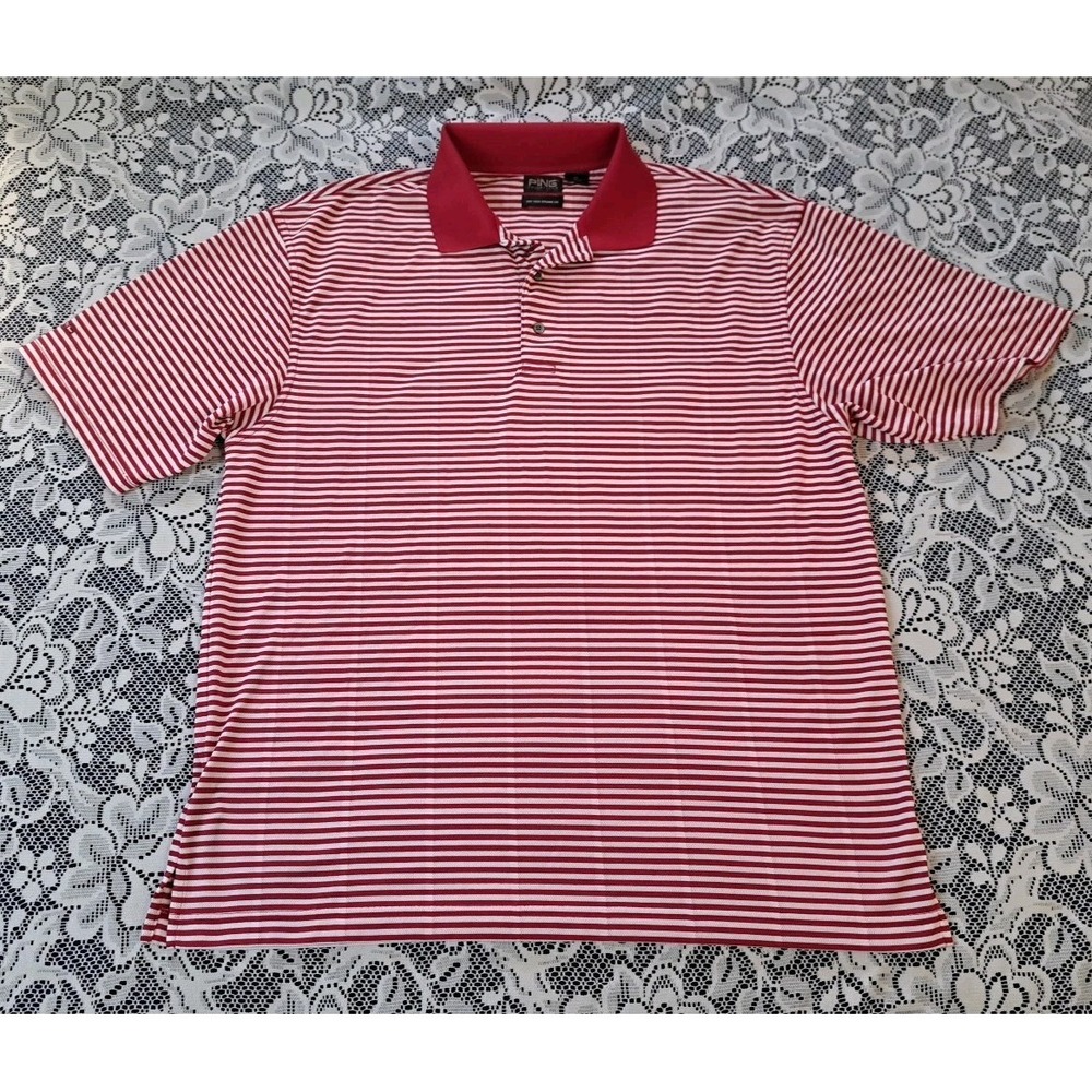 Ping Golf Polo XL Red Striped 3 Button Dry Fiber‎ Dynamics Performance Stretch